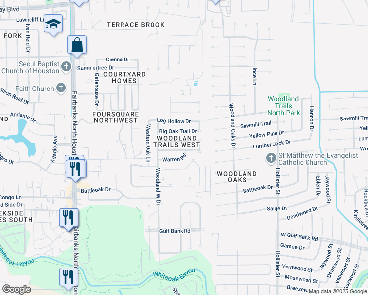 map of restaurants, bars, coffee shops, grocery stores, and more near 8110 Sweetgum Trace Drive in Houston