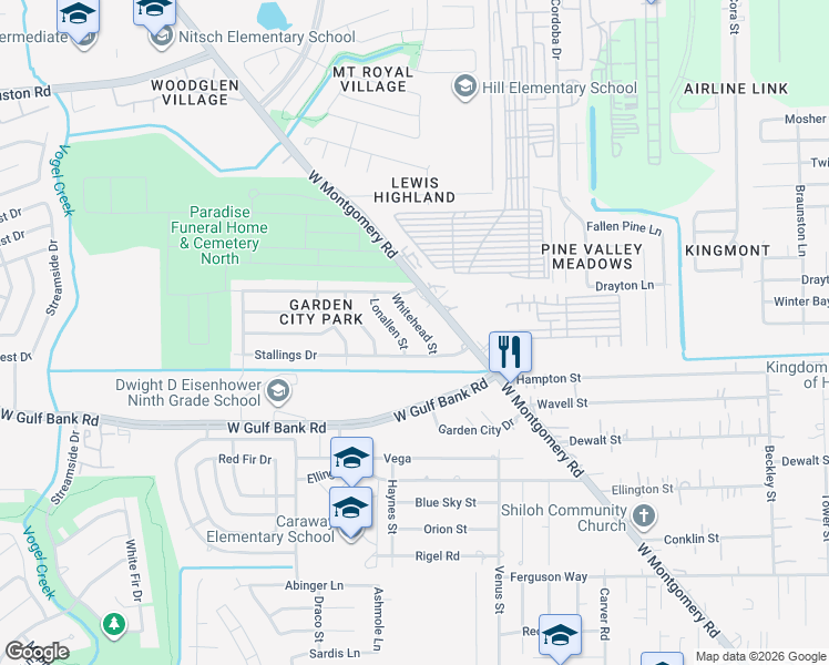 map of restaurants, bars, coffee shops, grocery stores, and more near 9910 Lonallen Street in Houston
