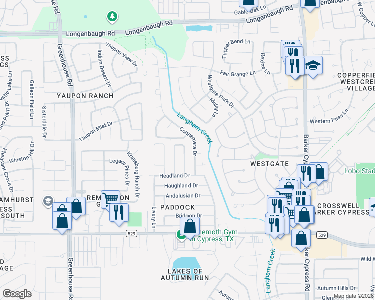 map of restaurants, bars, coffee shops, grocery stores, and more near 7523 Epsom Downs Drive in Cypress