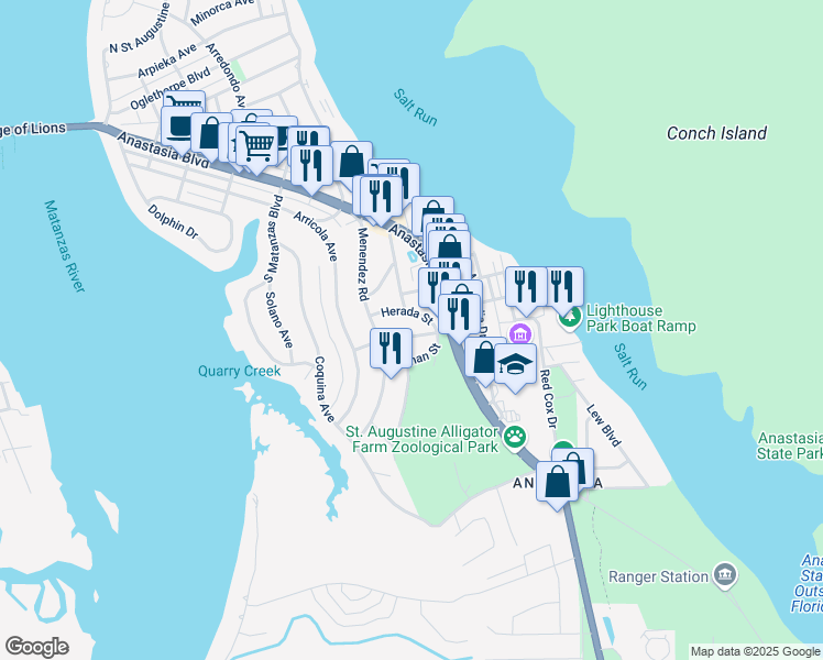 map of restaurants, bars, coffee shops, grocery stores, and more near 212 Carver Street West in St. Augustine