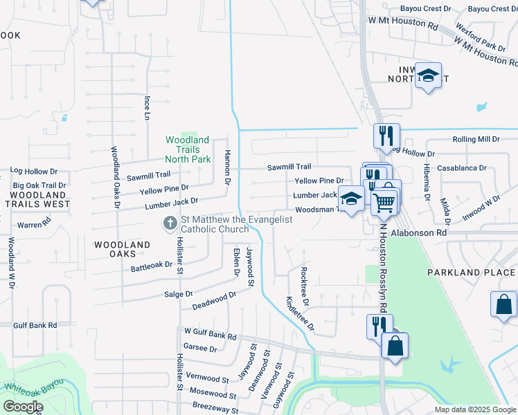 map of restaurants, bars, coffee shops, grocery stores, and more near 7334 Woodsman Trail in Houston