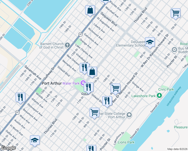 map of restaurants, bars, coffee shops, grocery stores, and more near 1136 New Orleans Avenue in Port Arthur