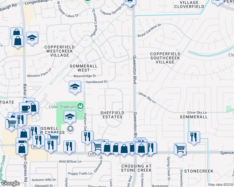 map of restaurants, bars, coffee shops, grocery stores, and more near 17222 Haley Falls Lane in Houston