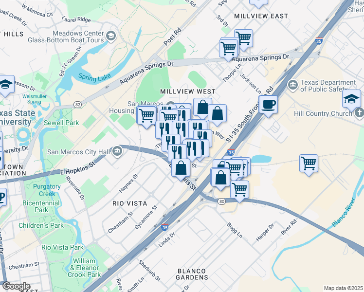 map of restaurants, bars, coffee shops, grocery stores, and more near 200 Springtown Way in San Marcos
