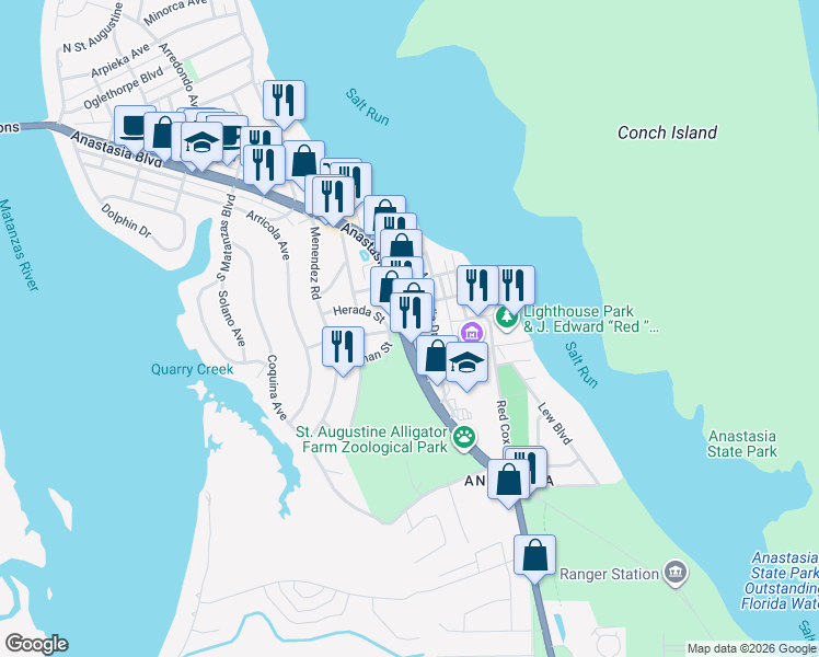 map of restaurants, bars, coffee shops, grocery stores, and more near 900 Florida A1A in St. Augustine
