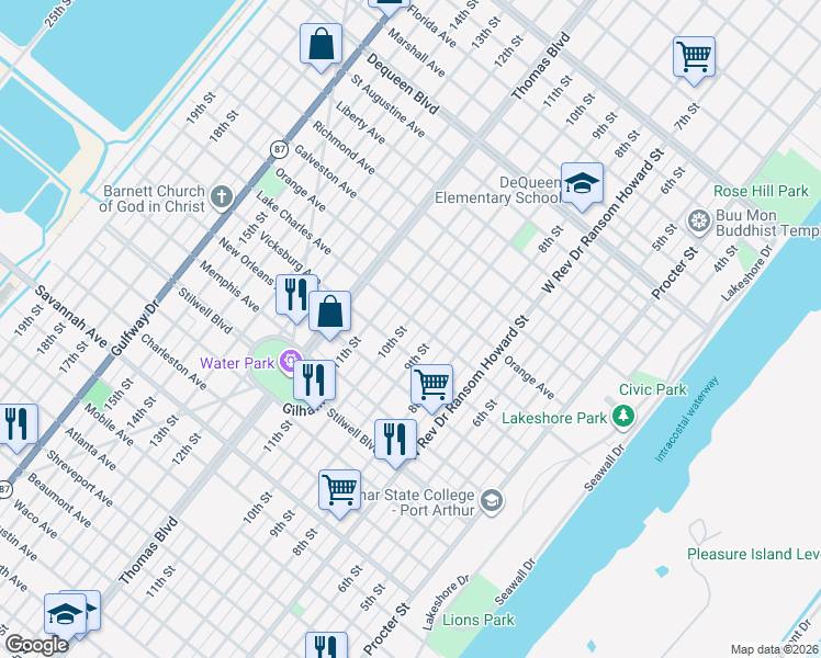 map of restaurants, bars, coffee shops, grocery stores, and more near 1824 10th Street in Port Arthur