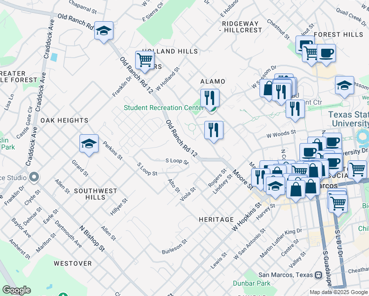 map of restaurants, bars, coffee shops, grocery stores, and more near 835 Ranch Road 12 in San Marcos