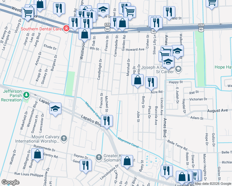 map of restaurants, bars, coffee shops, grocery stores, and more near 1165 Carmadelle Street in Marrero