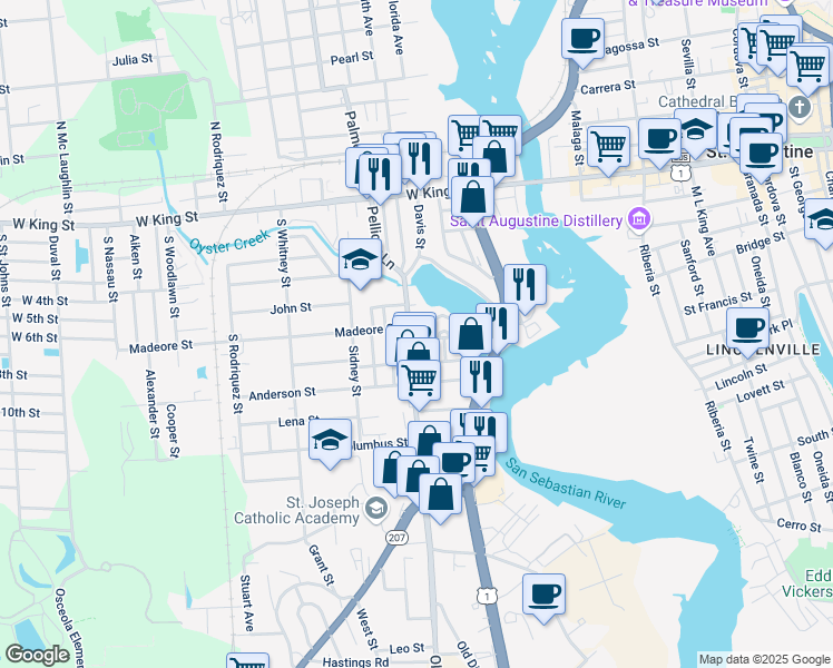 map of restaurants, bars, coffee shops, grocery stores, and more near 15 South Dixie Highway in St. Augustine