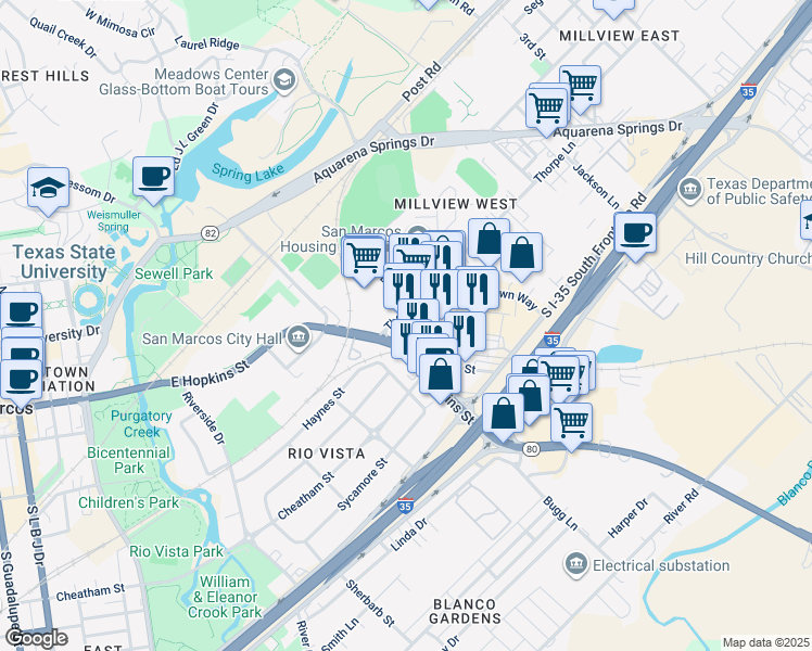 map of restaurants, bars, coffee shops, grocery stores, and more near 1104 Thorpe Lane in San Marcos