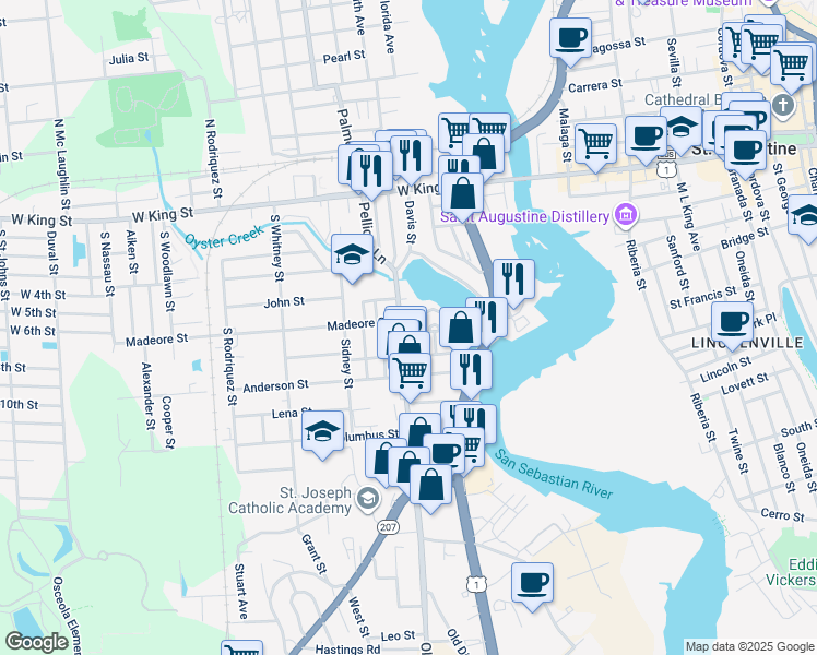 map of restaurants, bars, coffee shops, grocery stores, and more near 15 South Dixie Highway in St. Augustine