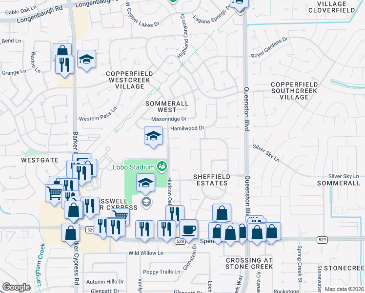 map of restaurants, bars, coffee shops, grocery stores, and more near 17410 Eastwood Circle in Houston