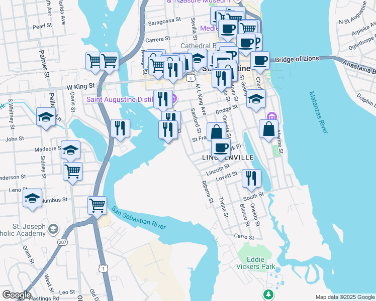 map of restaurants, bars, coffee shops, grocery stores, and more near 81 Weeden Street in St. Augustine