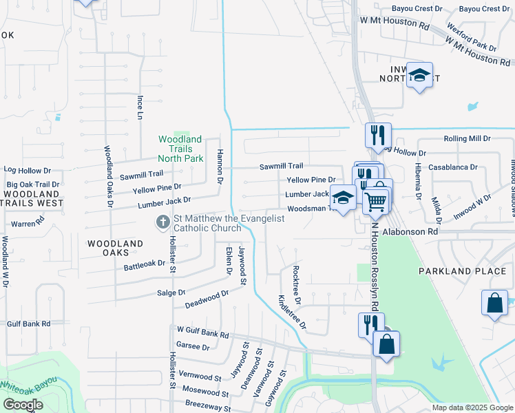 map of restaurants, bars, coffee shops, grocery stores, and more near 7334 Woodsman Trail in Houston