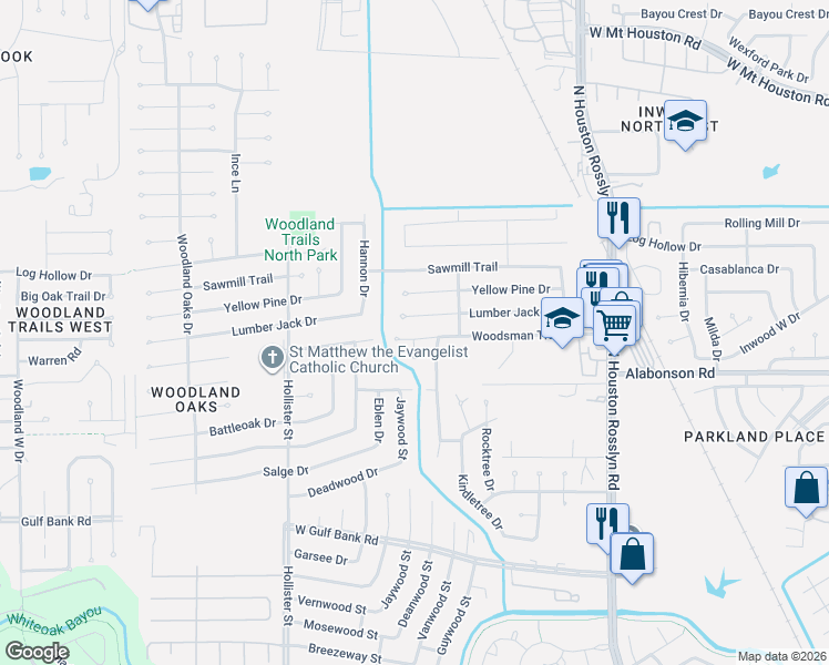 map of restaurants, bars, coffee shops, grocery stores, and more near 7334 Woodsman Trail in Houston