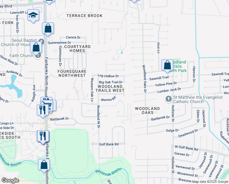 map of restaurants, bars, coffee shops, grocery stores, and more near 8110 Sweetgum Trace Drive in Houston
