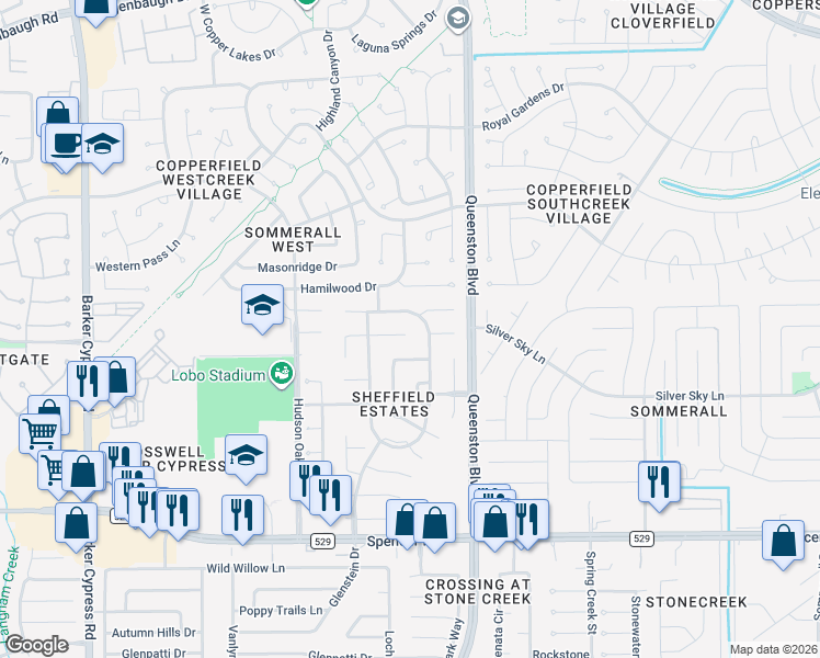 map of restaurants, bars, coffee shops, grocery stores, and more near 17222 Haley Falls Lane in Houston
