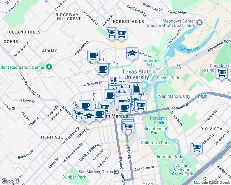 map of restaurants, bars, coffee shops, grocery stores, and more near 415 North LBJ Drive in San Marcos