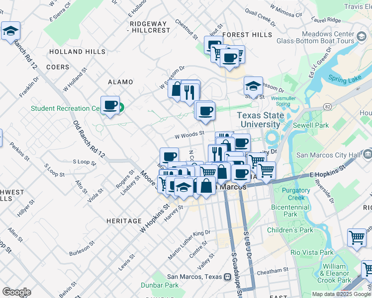 map of restaurants, bars, coffee shops, grocery stores, and more near 323 Lindsey Street in San Marcos