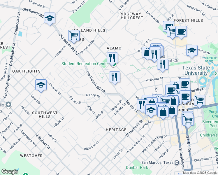 map of restaurants, bars, coffee shops, grocery stores, and more near 631 Moore Street in San Marcos
