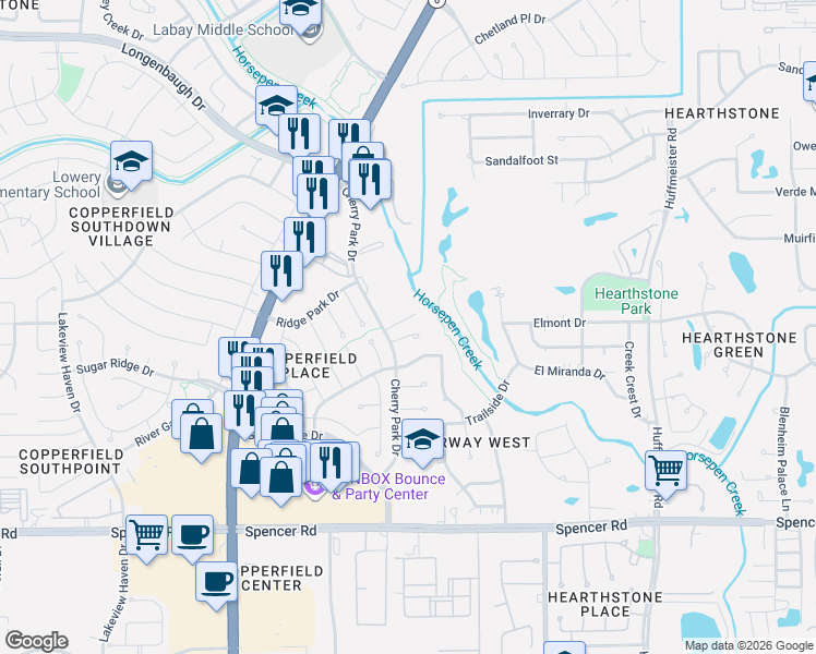 map of restaurants, bars, coffee shops, grocery stores, and more near 15214 Ember Glen Court in Houston