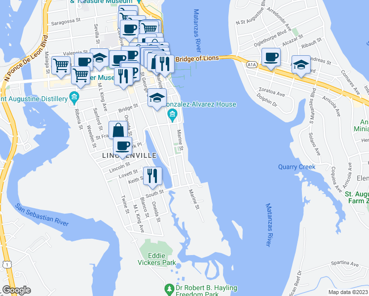 map of restaurants, bars, coffee shops, grocery stores, and more near 105 Marine Street in St. Augustine