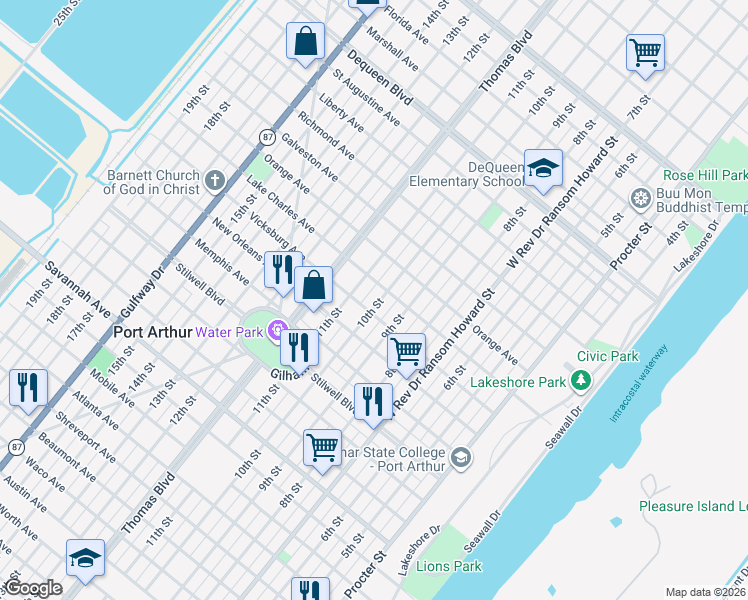 map of restaurants, bars, coffee shops, grocery stores, and more near 1824 10th Street in Port Arthur