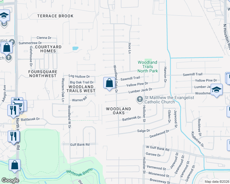 map of restaurants, bars, coffee shops, grocery stores, and more near 7902 Lumber Jack Drive in Houston