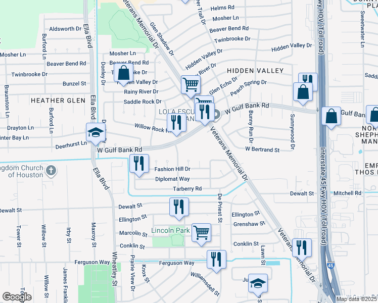map of restaurants, bars, coffee shops, grocery stores, and more near 1415 West Gulf Bank Road in Houston