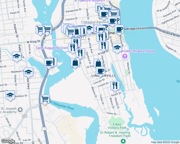 map of restaurants, bars, coffee shops, grocery stores, and more near 120 De Haven Street in St. Augustine