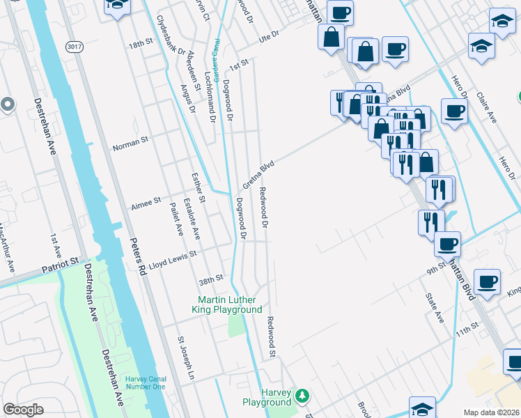 map of restaurants, bars, coffee shops, grocery stores, and more near 1549 Redwood Drive in Harvey