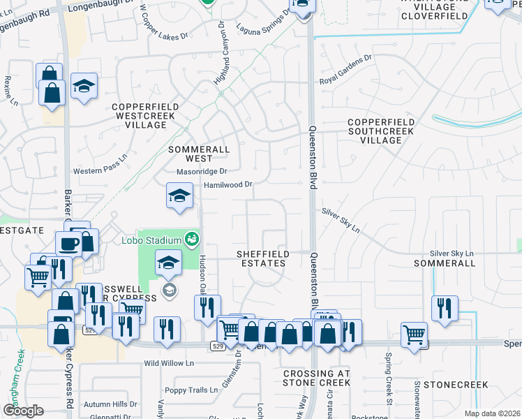 map of restaurants, bars, coffee shops, grocery stores, and more near 17222 Haley Falls Lane in Houston