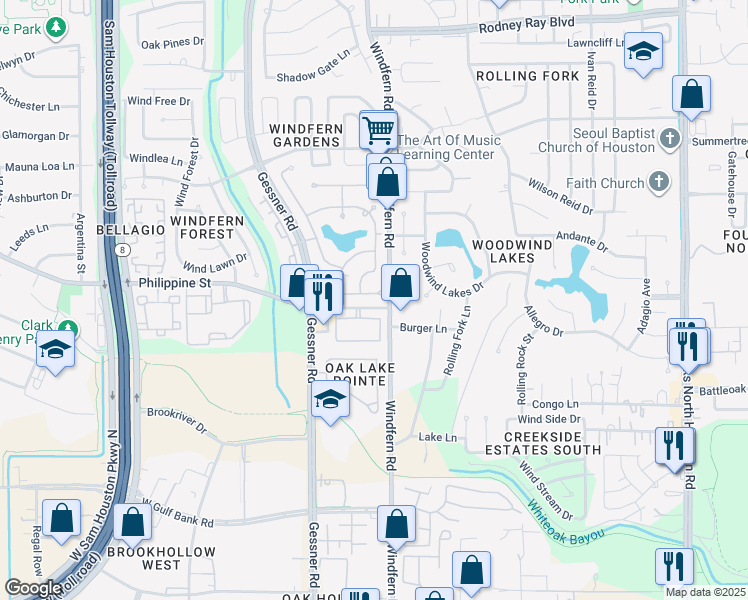 map of restaurants, bars, coffee shops, grocery stores, and more near 9311 Cantata Court in Houston