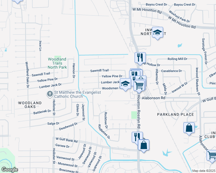 map of restaurants, bars, coffee shops, grocery stores, and more near 7214 Woodsman Trail in Houston
