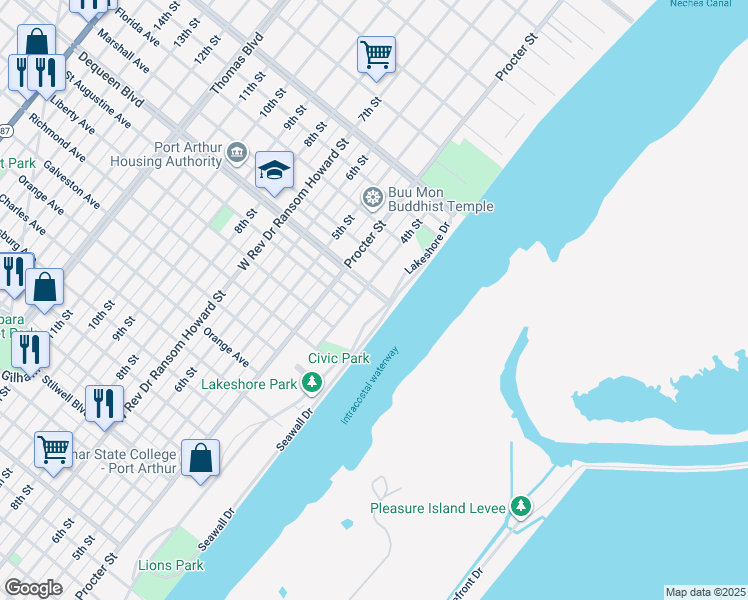 map of restaurants, bars, coffee shops, grocery stores, and more near 2414 4th Street in Port Arthur