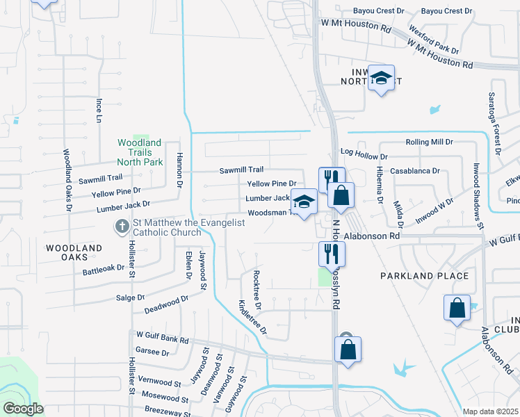 map of restaurants, bars, coffee shops, grocery stores, and more near 7214 Woodsman Trail in Houston