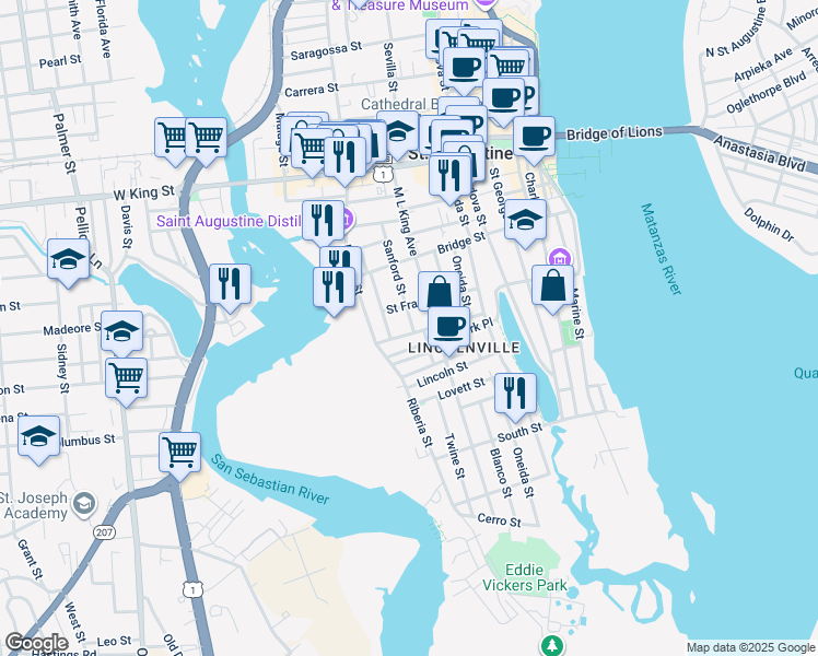 map of restaurants, bars, coffee shops, grocery stores, and more near 110 De Haven Street in Saint Augustine