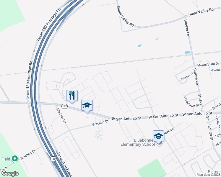 map of restaurants, bars, coffee shops, grocery stores, and more near 1713 Windsor Boulevard in Lockhart