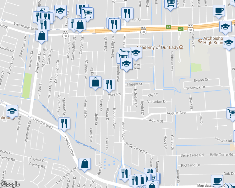 map of restaurants, bars, coffee shops, grocery stores, and more near 1498 Lincoln Avenue in Marrero