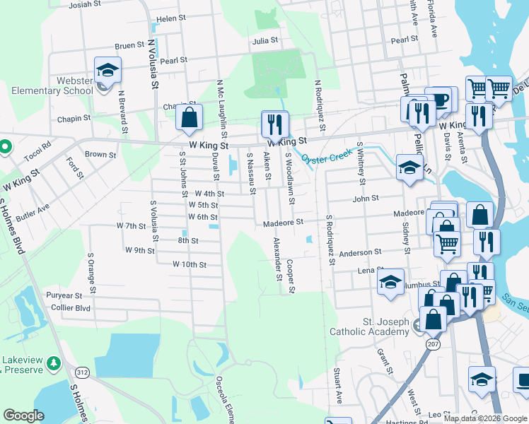 map of restaurants, bars, coffee shops, grocery stores, and more near 533 Aiken Street in St. Augustine