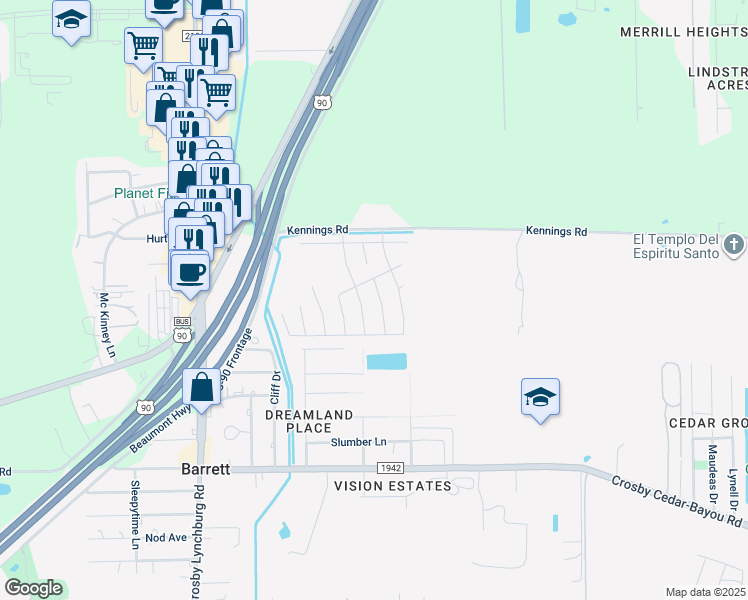 map of restaurants, bars, coffee shops, grocery stores, and more near 13707 Alaskan Brown Bear Trail in Crosby