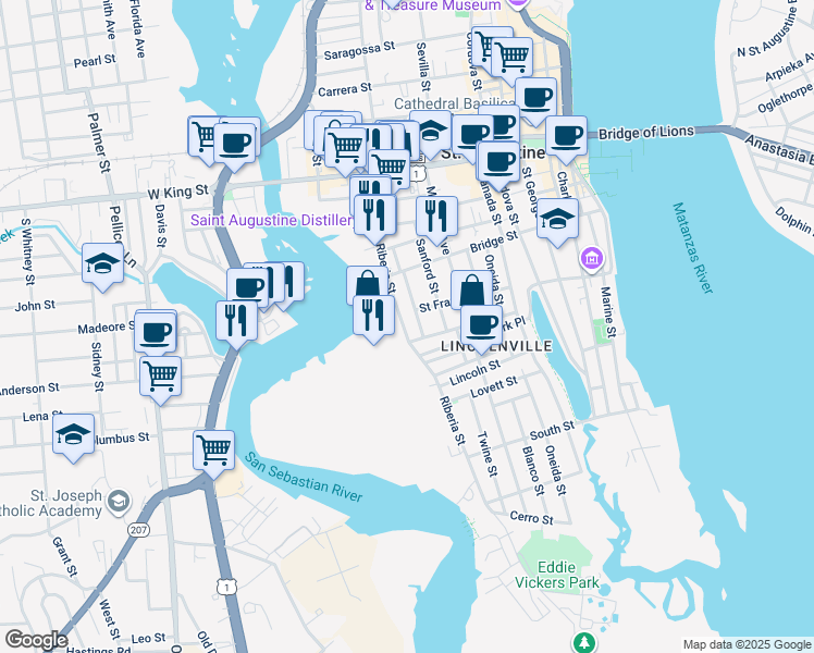 map of restaurants, bars, coffee shops, grocery stores, and more near 173 Riberia Street in St. Augustine