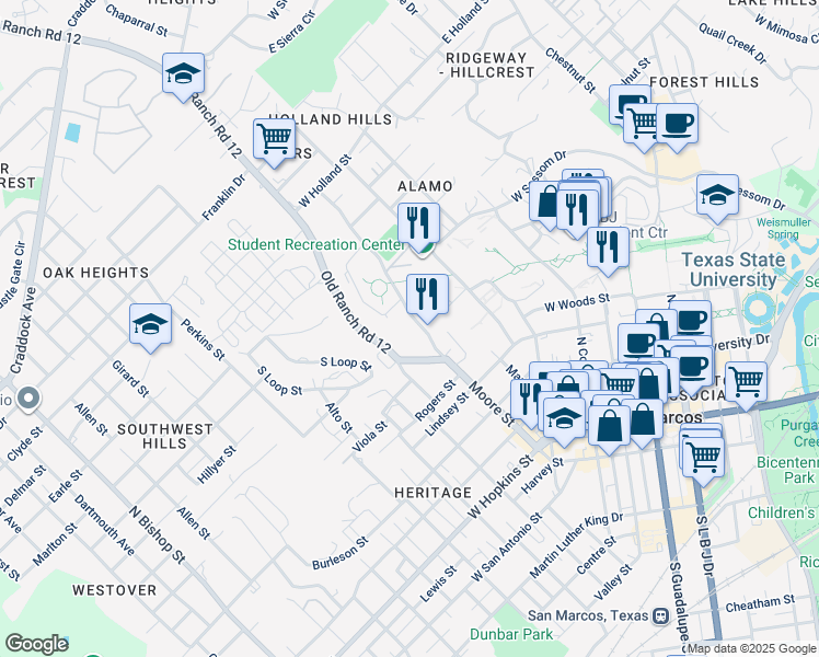 map of restaurants, bars, coffee shops, grocery stores, and more near 631 Moore Street in San Marcos