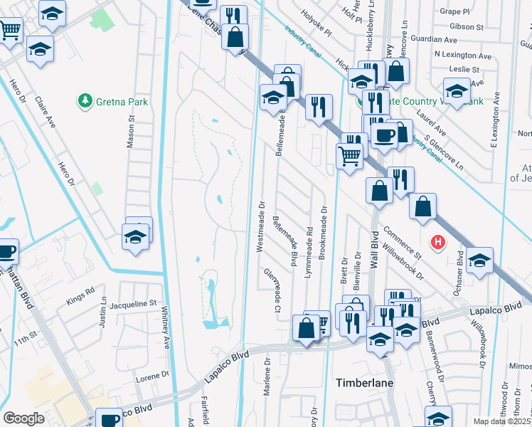 map of restaurants, bars, coffee shops, grocery stores, and more near 380 Bellemeade Boulevard in Gretna