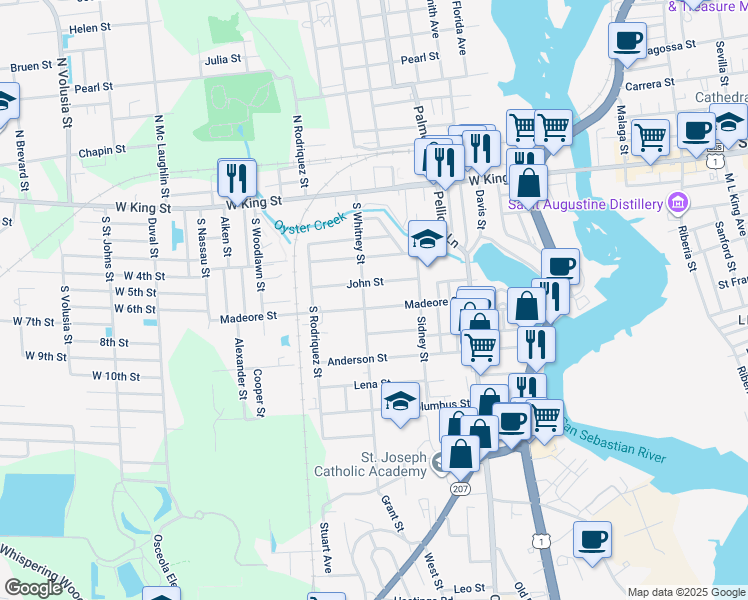 map of restaurants, bars, coffee shops, grocery stores, and more near 43 Madeore Street in St. Augustine