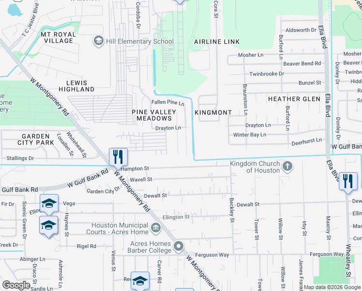 map of restaurants, bars, coffee shops, grocery stores, and more near 10511 Pine Landing Drive in Houston