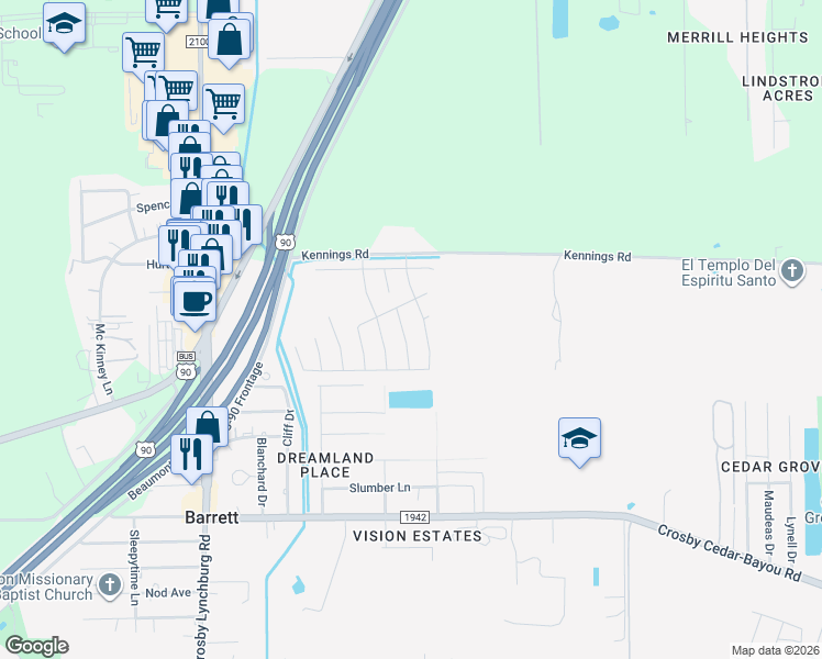 map of restaurants, bars, coffee shops, grocery stores, and more near 13707 Alaskan Brown Bear Trail in Crosby