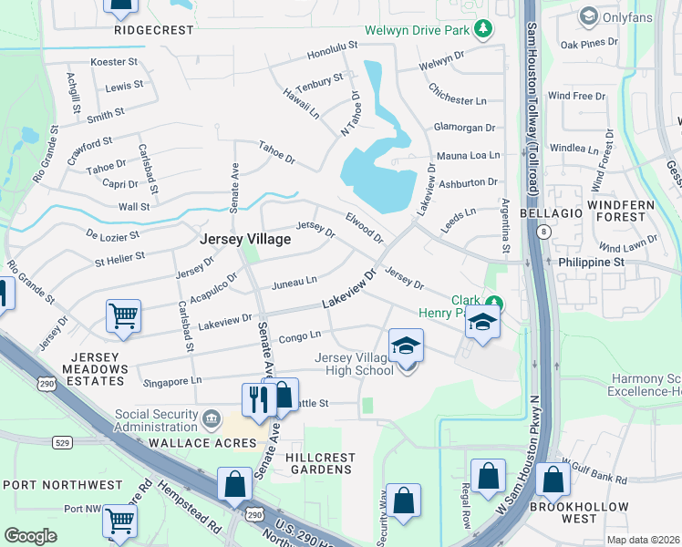 map of restaurants, bars, coffee shops, grocery stores, and more near 15729 Juneau Lane in Jersey Village