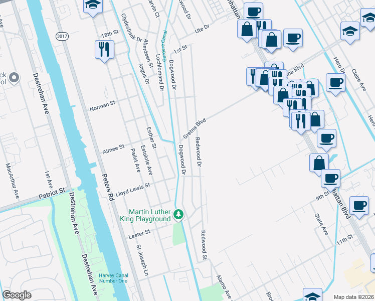 map of restaurants, bars, coffee shops, grocery stores, and more near 1530 Maplewood Drive in Harvey