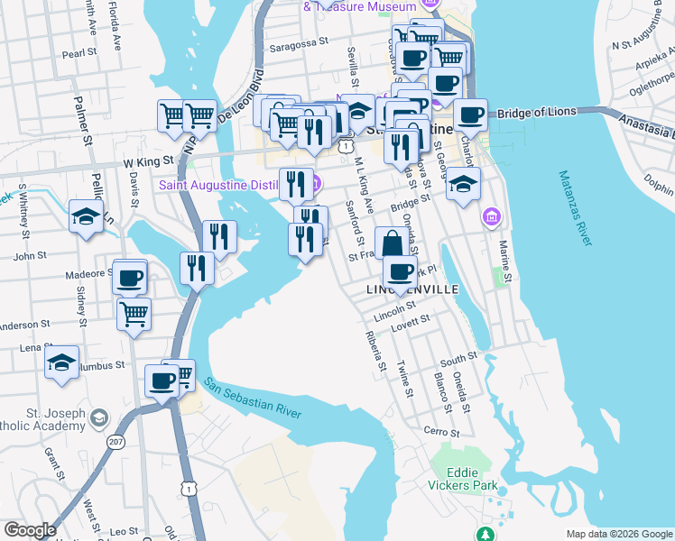 map of restaurants, bars, coffee shops, grocery stores, and more near 173 Riberia Street in St. Augustine